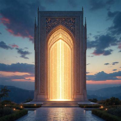 The primary subject of the image is a large, ornate, and intricately designed doorway. The doorway is situated in front of a beautiful mountain range, creating a picturesque and serene setting. The visual style of the image is a digital art, which adds to the overall atmosphere of the scene. The dominant colors in the image are white and gold, which complement the grandeur and elegance of the doorway.
